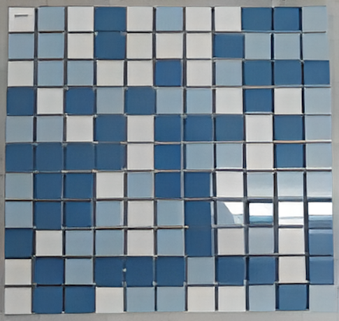 Deep Blue Ceramic Mosaic White + Sky Blue Three-Color Spell Tiles - 25x25mm for Concrete Pools, 300x300mm Sheet