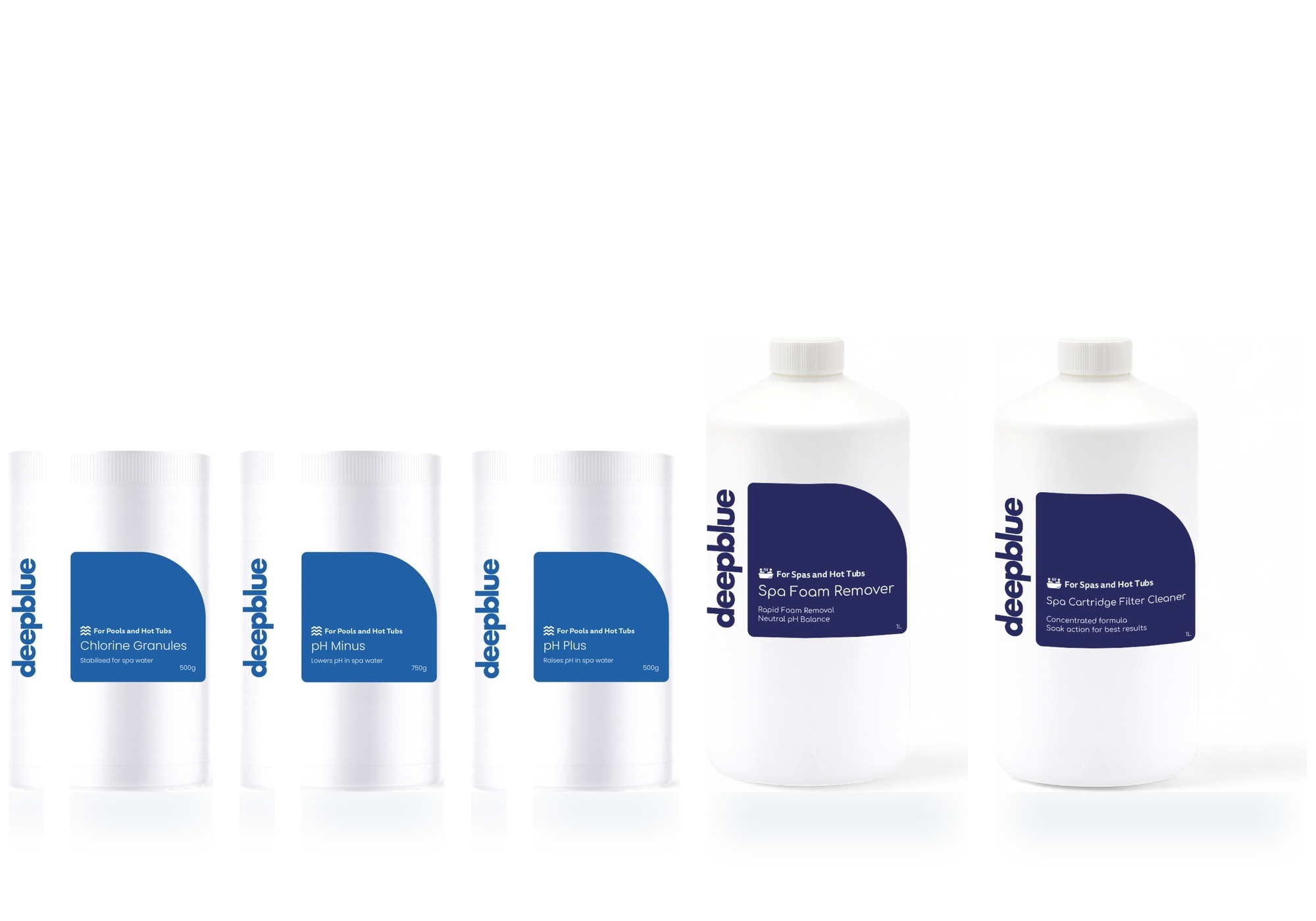 Deep Blue Hot Tub and Spa Starter Kit – Chlorine or Bromine Option, pH Adjusters, No Foam, Filter Cleaner and Test Strips - Chlorine kit in 500g tubs - Image 2
