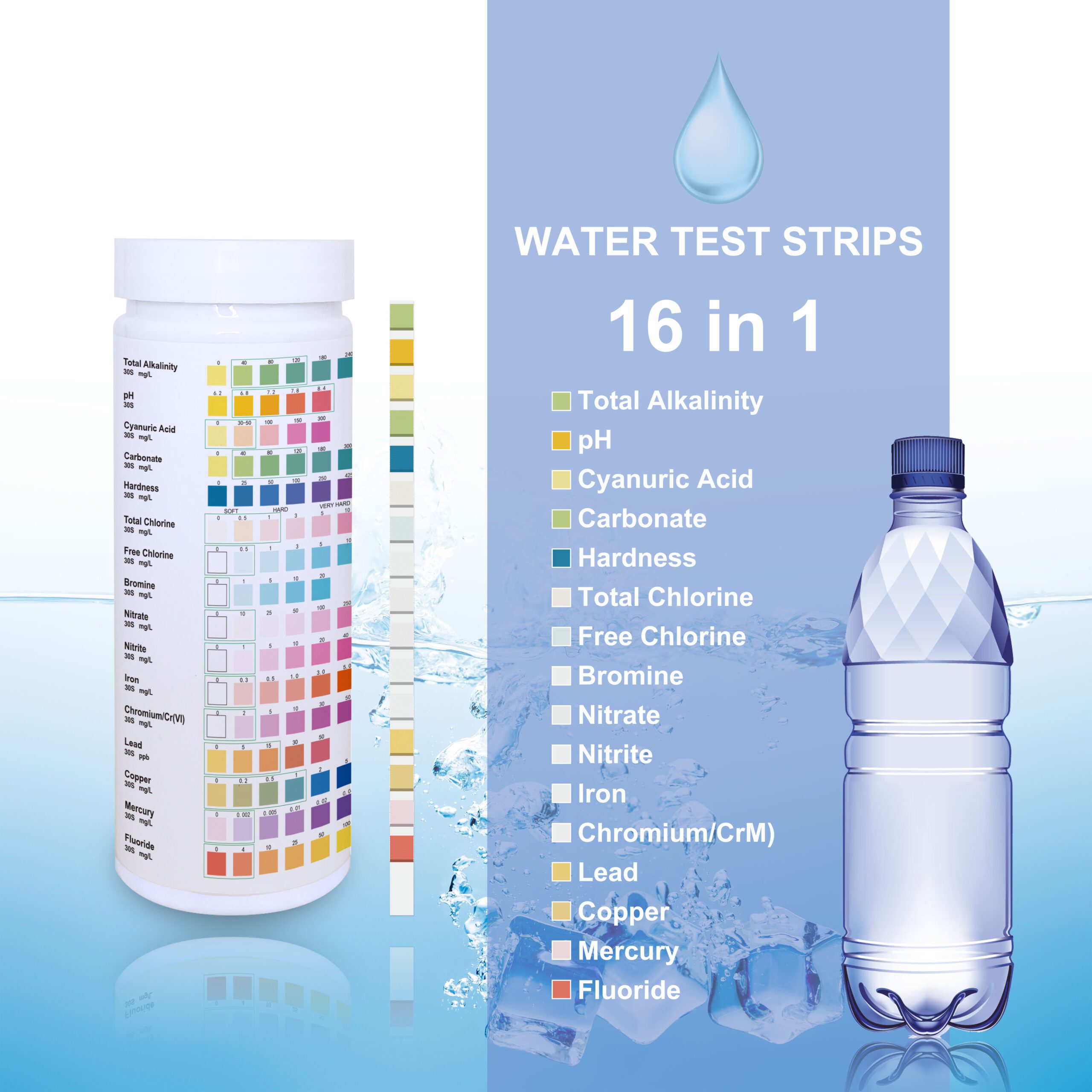 Deep Blue Drinking Water Test Strips - Tap, Well & Borehole Water Quality Test Kit, 16-in-1 - Image 3