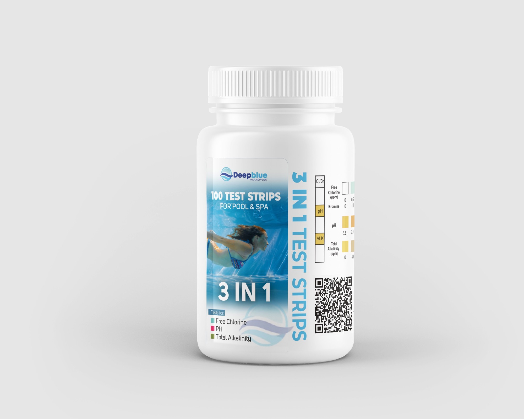Deep Blue Strip-Ease 50 Test Strips (Bottle) for Pool and Hot Tub Testing, Free Analysis App - Chlorine, Bromine, pH, Alkalinity, Hardness, Cyanuric - 10x 3 Way Bromine